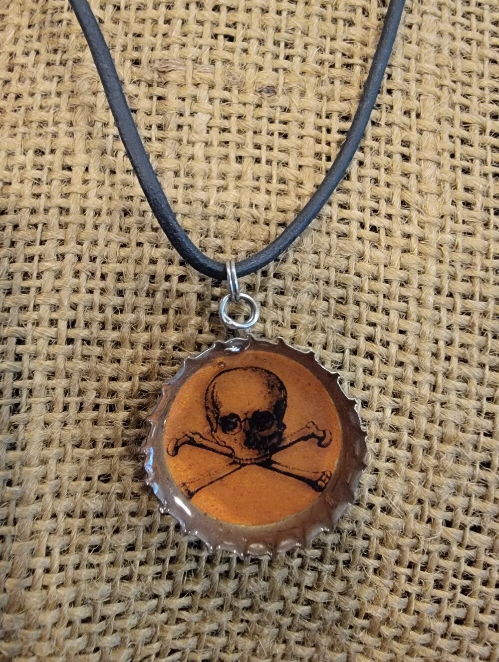 Skull and Cross Bones Orange Halloween Bottle Cap Necklace